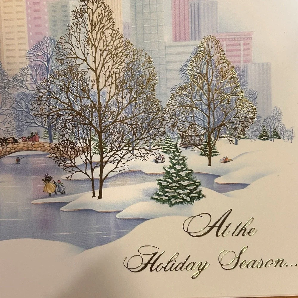 VTG 8 Christmas Holiday Cards Bustling City Fancy Trees People Skating Business